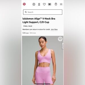 NWT Lululemon Align V-Neck Bra Light Support C/D Cup, Size 6